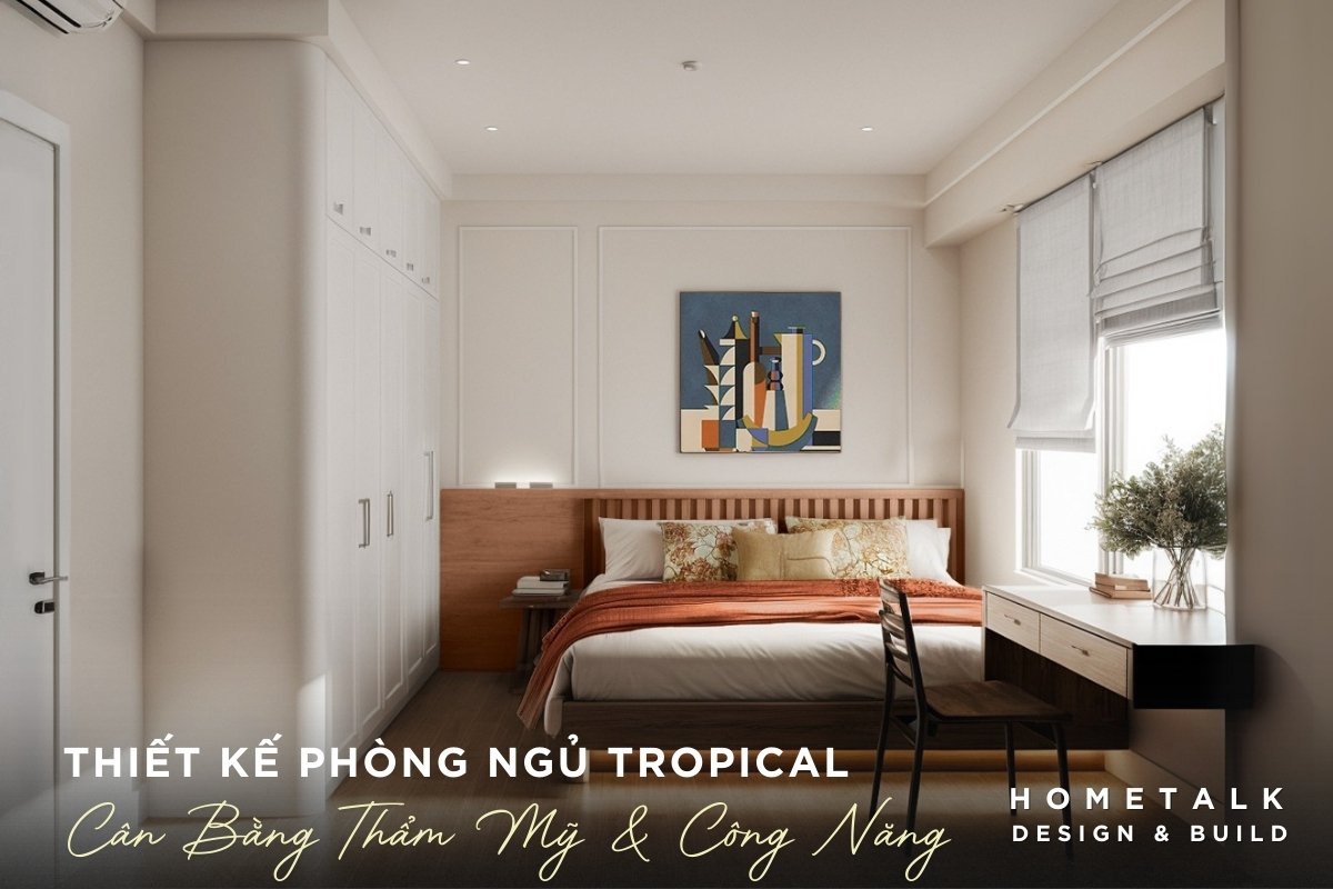 Thiết kế phòng ngủ căn hộ Tropical tối ưu công năng với giường lớn cùng hệ tủ quần áo lớn màu kem và tích hợp bàn làm việc thiet ke phong ngu can ho tropical toi uu cong nang vói giuong lon cung he tu quan ao lon mau kem và tich họp bàn làm viec