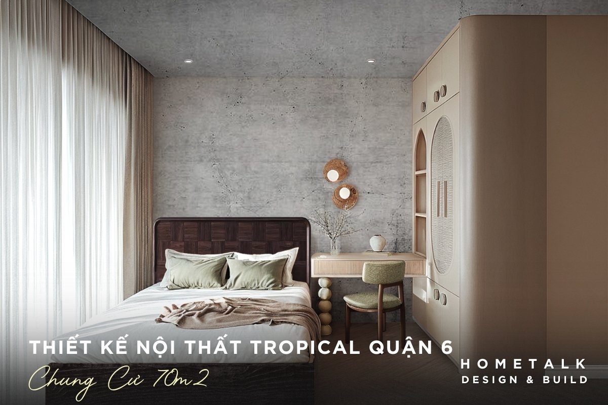 thiet ke phong ngu chung cu 70m2 quan 6 phong cach tropical voi giuong mau trang va cay xanh trang tri
