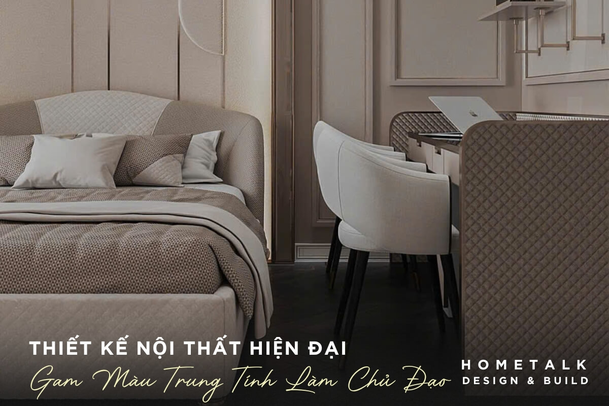 Thiet ke phong ngu Hien Dai noi bat giuong lon voi ga trai giuong mau be, chan mau nau nhat va cac goi tua mau trang, nau, xam, tao cam giac em ai va am cung
