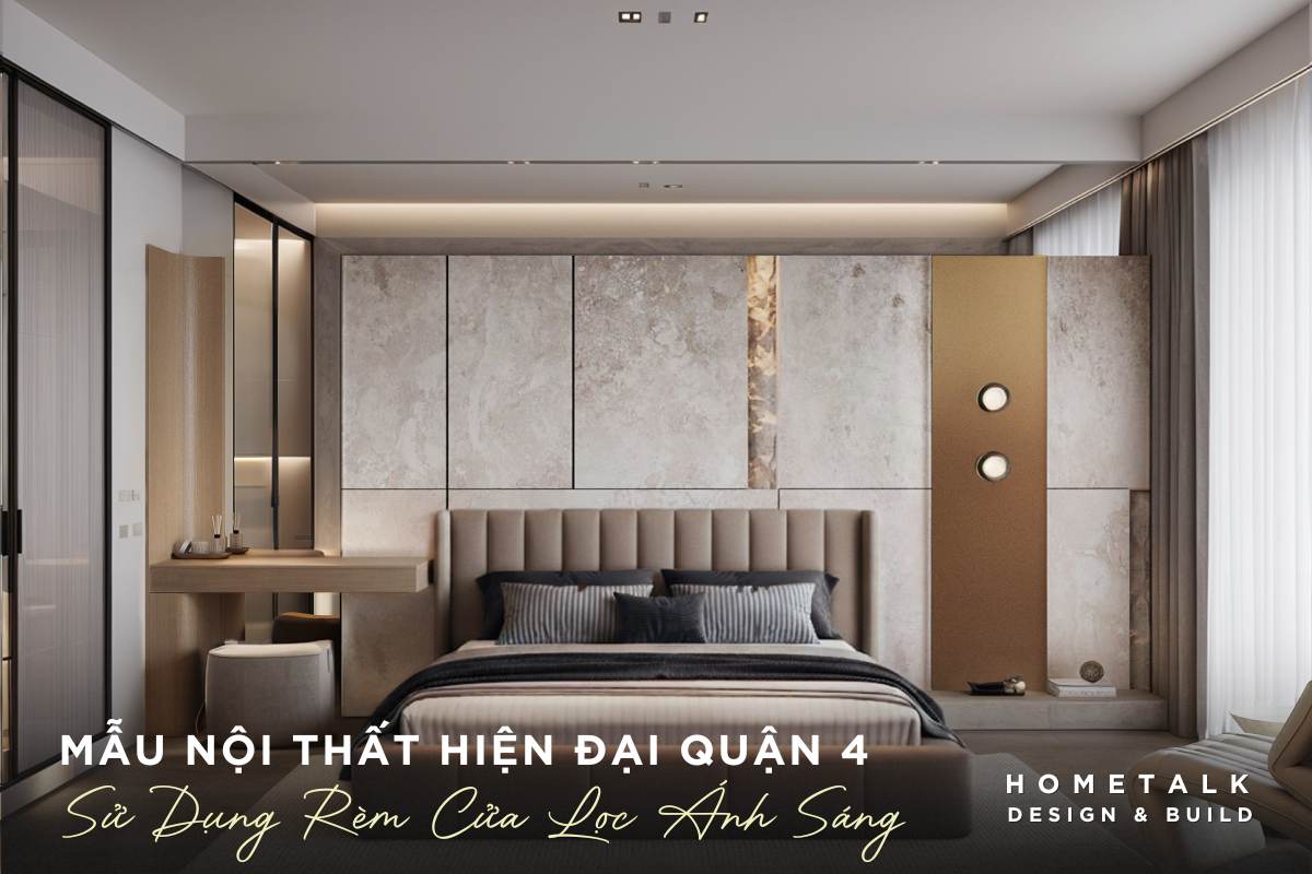 thiet ke phong ngu hien dai voi tong mau chu dao la nau am ap ket hop voi mau kem noi bat voi rem cua trang duoc su dung de loc anh sang tu nhien tao cam giac nhe nhang