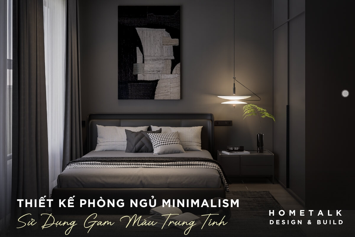 Thiet ke phong ngu Minimalism su dung gam mau trung tinh voi giuong ngu lon va he tu quan ao lon mau den voi cac canh cua phang cung san nha duoc lat go cong nghiep mau nau sam