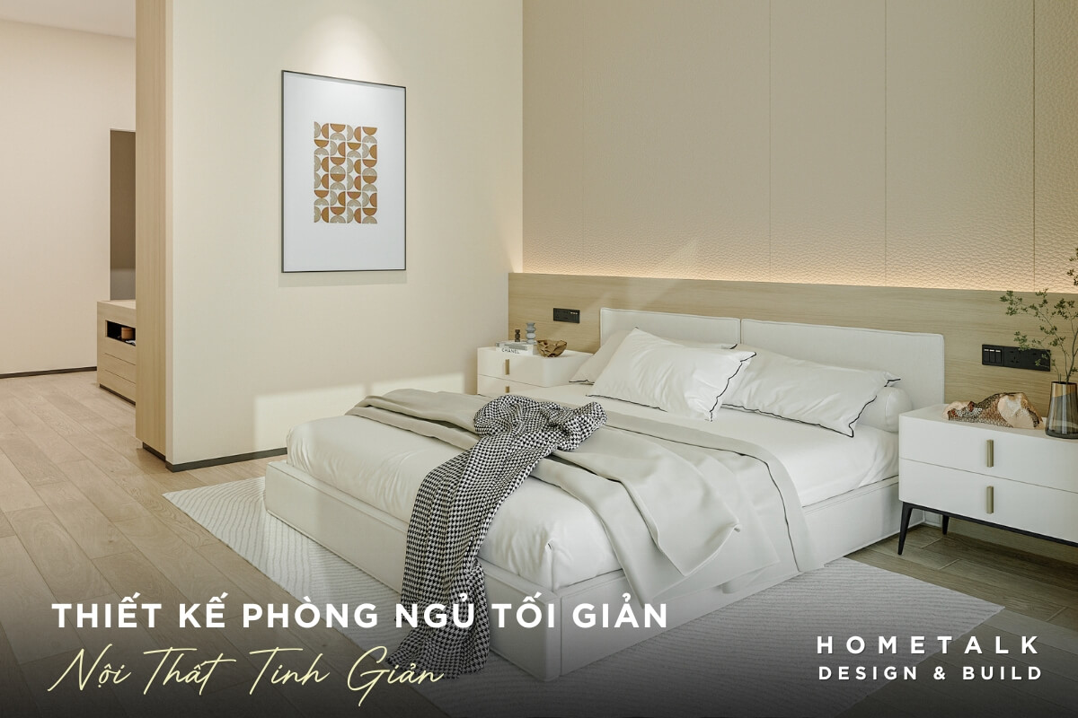 Thiet ke phong ngu toi gian cung noi that tinh gian voi giuong lon mau trang tinh va chan cung tong mau, tao cam giac sach se va sang trong