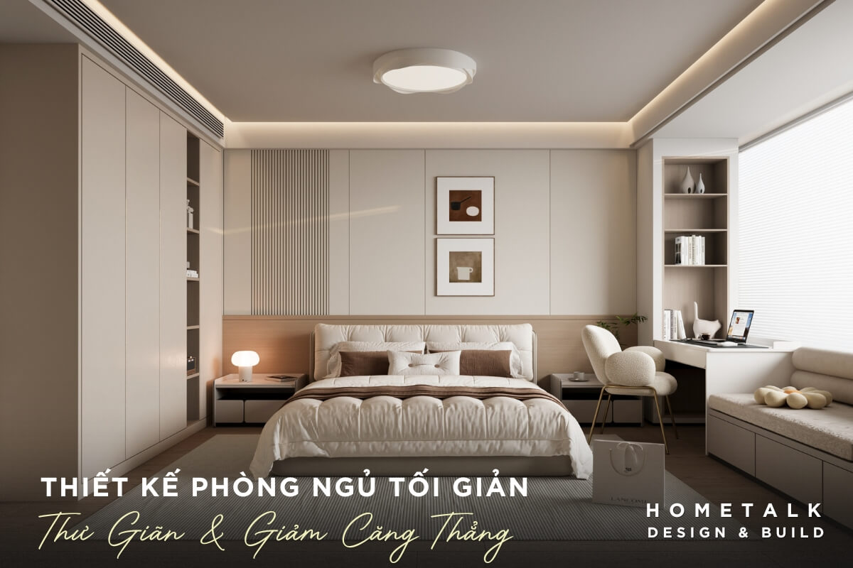 Thiet ke phong ngu toi gian de thu gian voi giuong ngu lon tich hop ban lam viec va ghe dai co dem duoc tich hop duoi cua so, tao them khong gian thu gian va doc sach