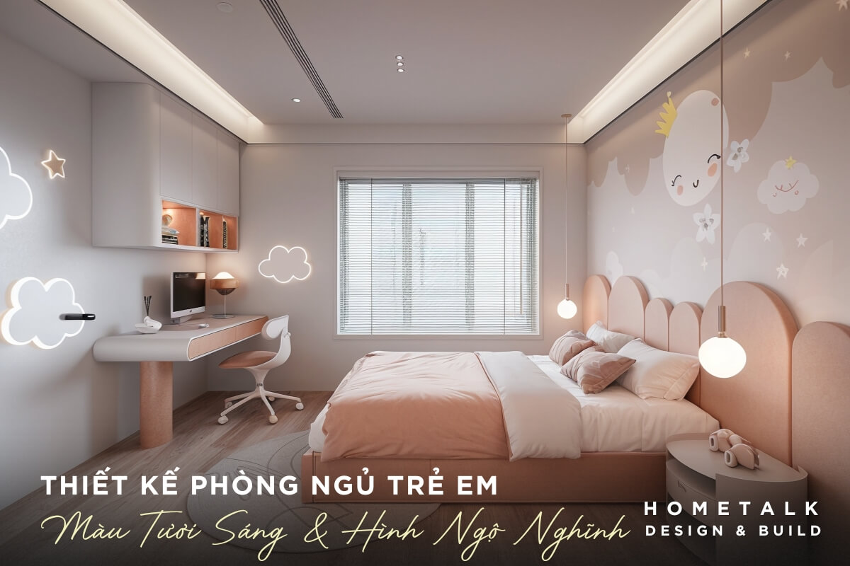thiet ke phong ngu tre em voi mau tuoi sang cung cac hoa tiet dam may de thuong tao nen mot khong gian dang yeu, sang tao va day du tien nghi, ly tuong cho be gai