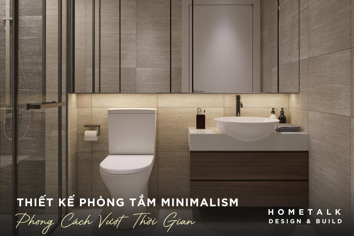 Thiet ke phong tam Minimalism duoc op gach men lon mau xam voi cac duong van da tinh te, tao cam giac lien mach va sang trong hien dai va tien nghi