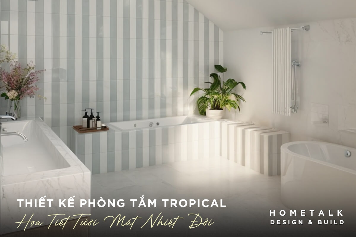 Thiết kế phòng tắm Tropical với họa tiết ốp gạch sọc xanh mint và trắng tươi mát tạo không gian thư giãn, hiện đại Thiet ke phong tam Tropical voi hoa tiet op gach soc xanh mint va trang tuoi mat tao khong gian thu gian, hien dai