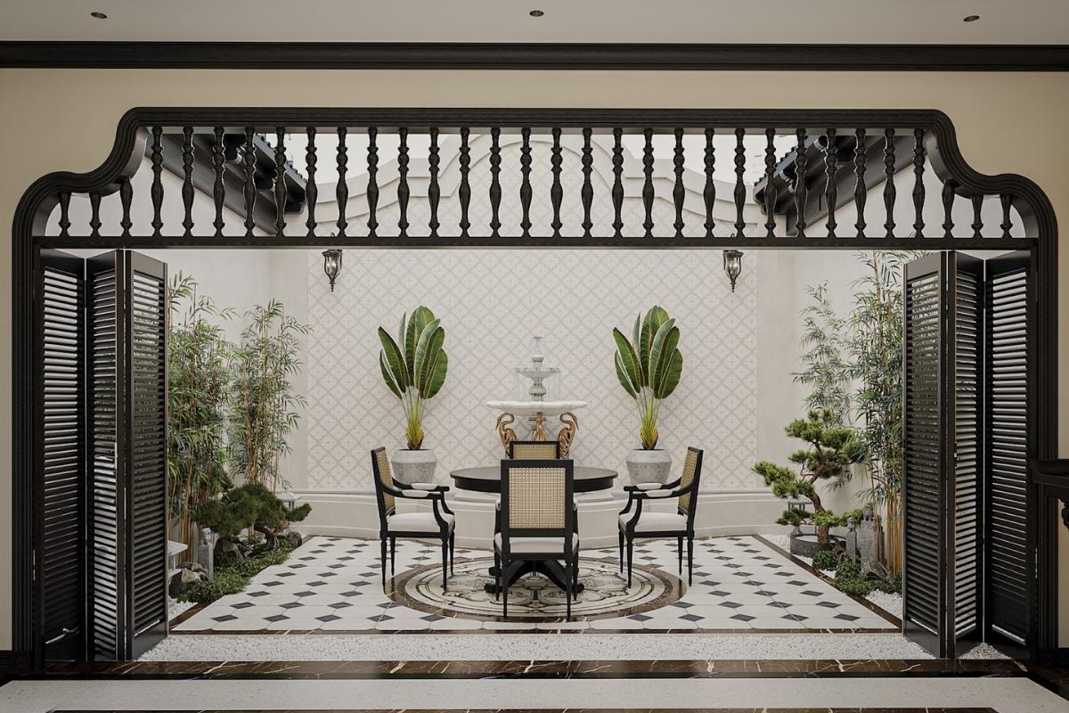 Thiết kế sân trong của biệt thự phong cách Indochine thanh lịch với bàn trà sang trọng, vườn cây bonsai và cây trúc thiet ke san trong cua biet thu phong cach indochine thanh lich voi ban tra sang trong vuon cay bonsai va cay truc