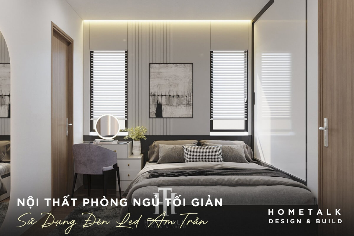 Tran nha duoc thiet ke phang voi den LED am tran chay doc theo cac canh, cung cap anh sang deu khap cho phong ngu va tao cam giac hien dai