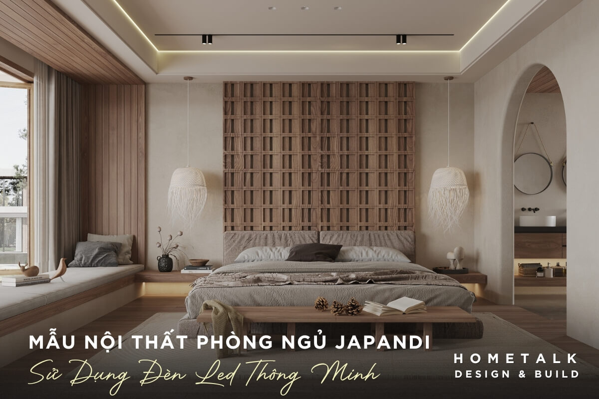 Trần nhà được thiết kế phẳng với đèn LED âm trần và đèn LED âm tường được bố trí tinh tế trong phòng ngủ Japandi Tran nha duoc thiet ke phang voi den LED am tran va den LED am tuong duoc bo tri tinh te trong phong ngu Japandi