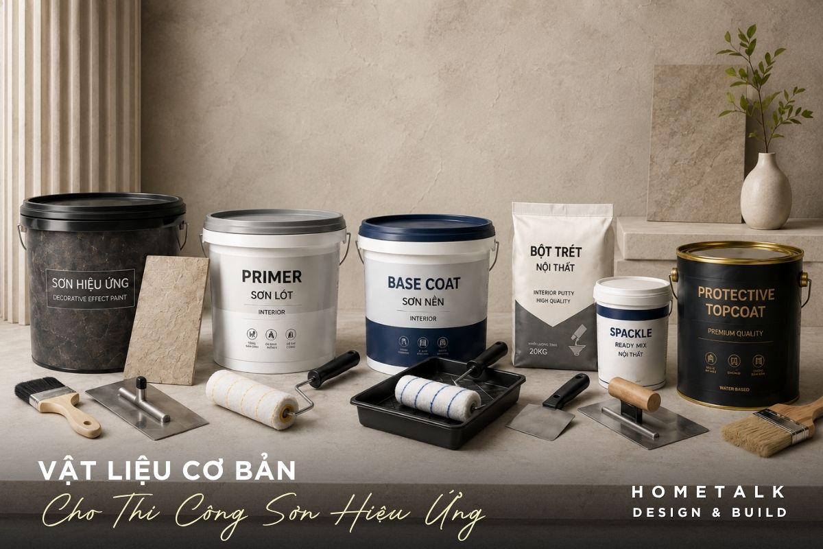 Cách thi công sơn hiệu ứng đúng kỹ thuật: Quy trình chi tiết từ A-Z 27 vat lieu co ban gom son hieu ung, son lot, son nen, bot tret va lop phu bao ve