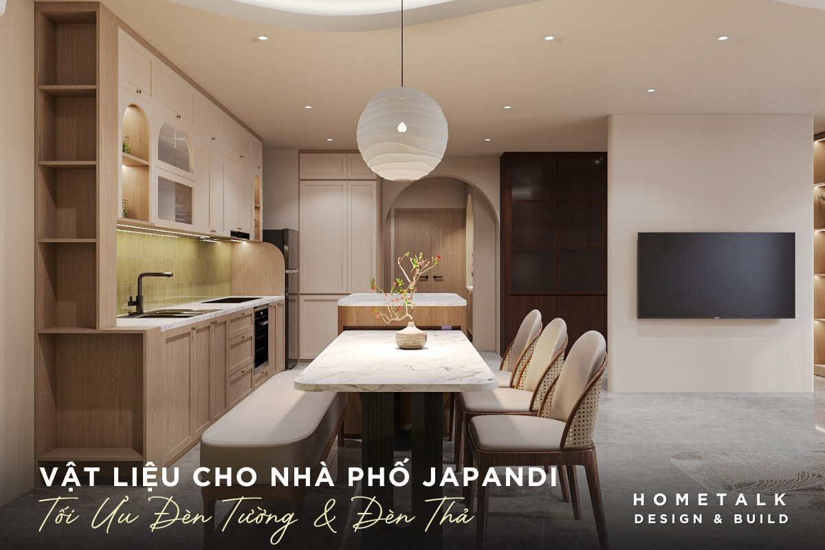 Vật liệu cho nhà phố Japandi 3 den tha anh vang diu ket hop den tuong giup khong gian sang vua du, de chiu khi o lau dai.
