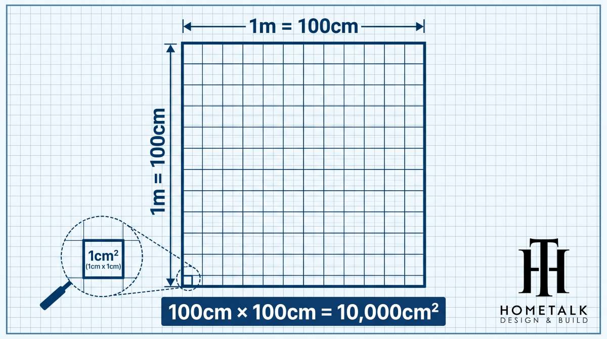 1m2 Bằng Bao Nhiêu cm2? Bảng Đổi & Công Cụ Tính Nhanh 9 Sơ đồ minh họa vì sao 1m2 bằng 10000cm2 trong tính toán diện tích nội thất