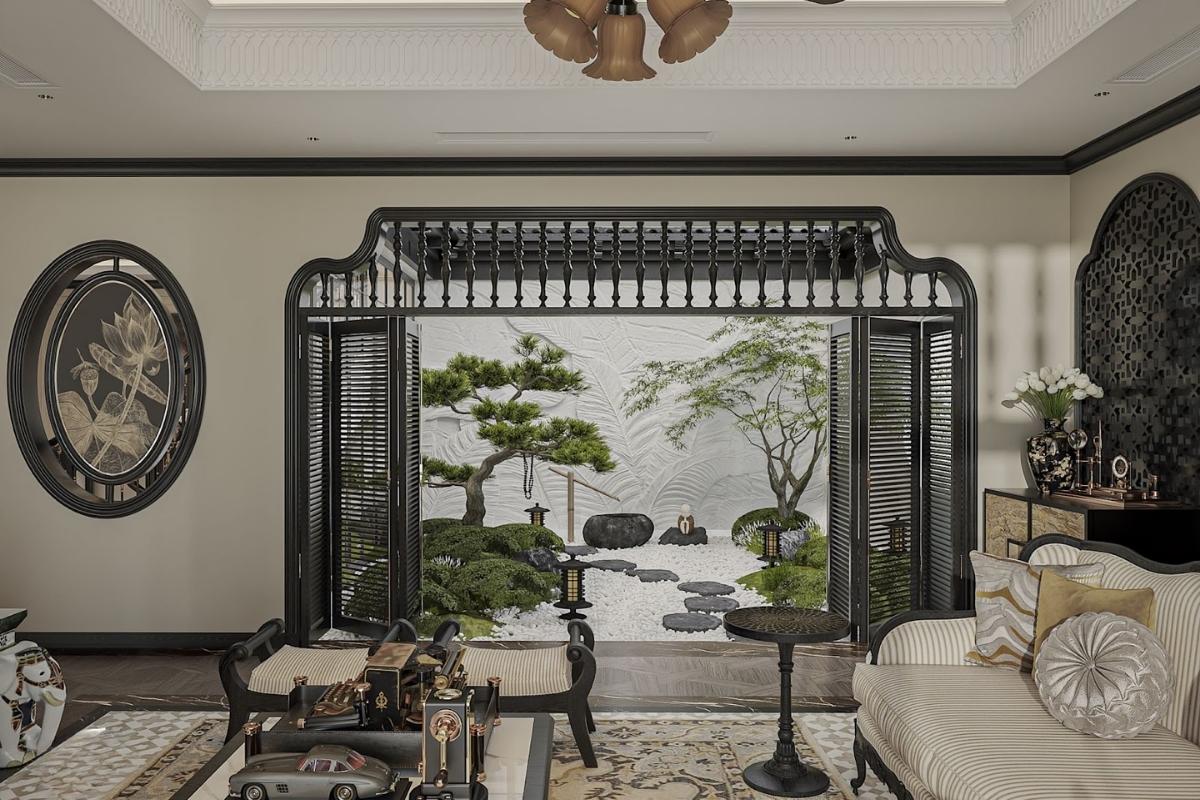 View sân vườn tươi mát, thanh tao, bình dị của phòng khách biệt thự, rút ngắn khoảng cách với thiên nhiên view san vuon tuoi mat thanh tao binh di cua phong khach biet thu rut ngan khoang cach voi thien nhien